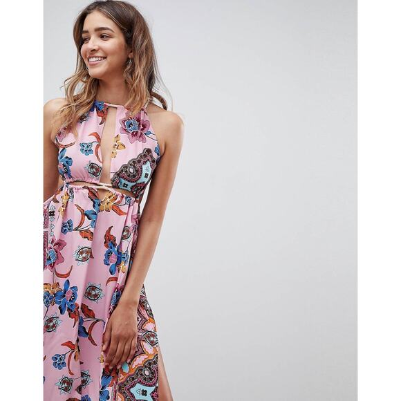 NWT ASOS DESIGN Rope Maxi Dress Size 8 Trim Cut Out Paisley Print Plunge Beach - Picture 7 of 14